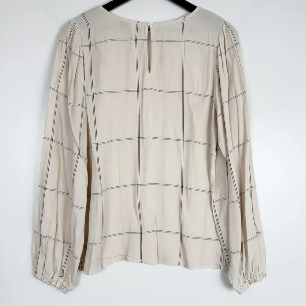 New LOFT Windowpane Beige Blouse Puff Sleeves Top - M